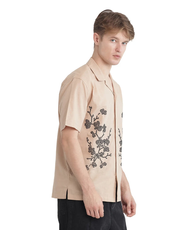 Rare Rabbit Men Gary Beige Cotton Linen Fabric Short Sleeve Cuban Collared Embroidered Shirt