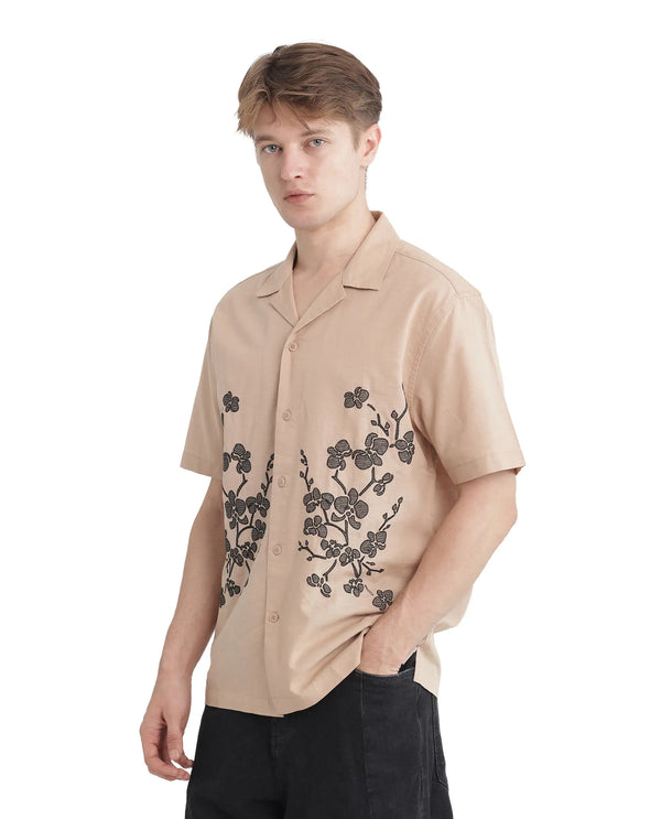 Rare Rabbit Men Gary Beige Cotton Linen Fabric Short Sleeve Cuban Collared Embroidered Shirt