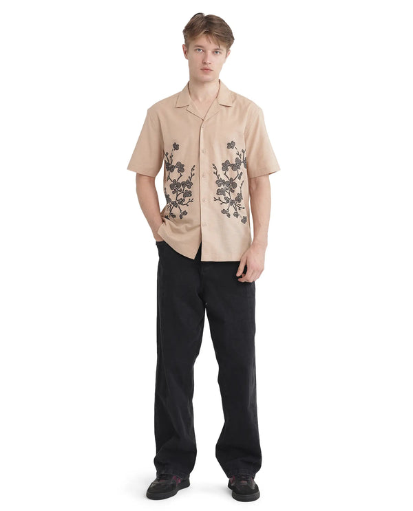 Rare Rabbit Men Gary Beige Cotton Linen Fabric Short Sleeve Cuban Collared Embroidered Shirt