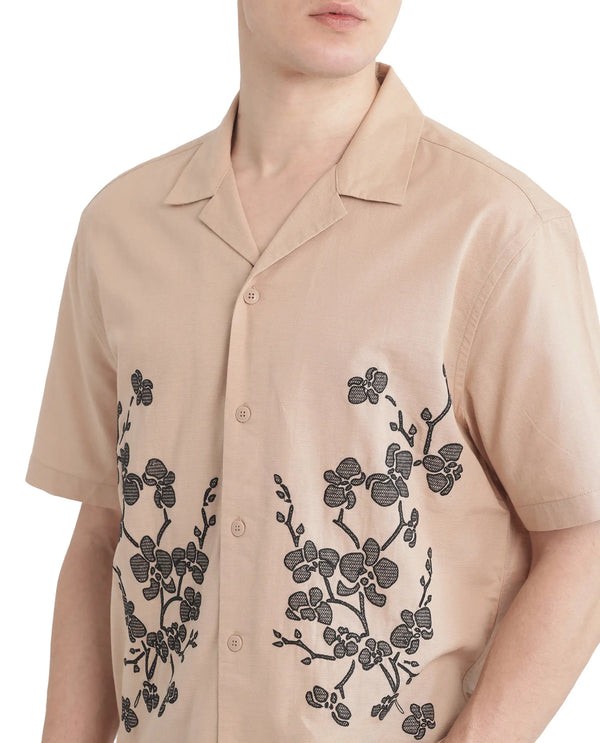 Rare Rabbit Men Gary Beige Cotton Linen Fabric Short Sleeve Cuban Collared Embroidered Shirt