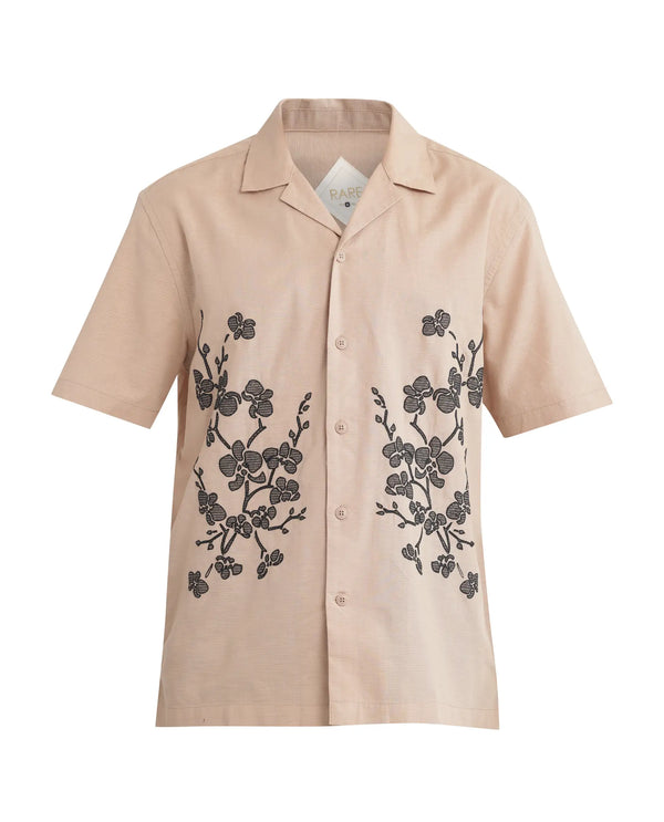 Rare Rabbit Men Gary Beige Cotton Linen Fabric Short Sleeve Cuban Collared Embroidered Shirt