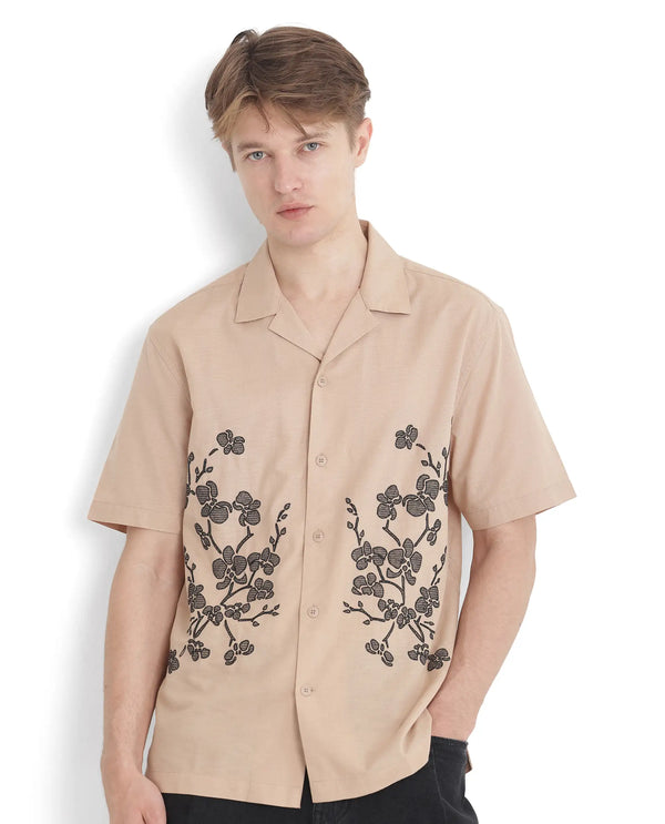 Rare Rabbit Men Gary Beige Cotton Linen Fabric Short Sleeve Cuban Collared Embroidered Shirt
