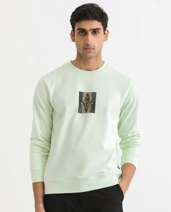 Rare Rabbit Men's Gatlin Green Cotton Polyester Fabric Full Sleeves Graphic Printed Logo Sweatshirt