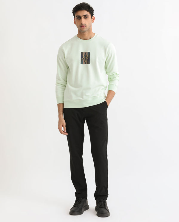 Rare Rabbit Men's Gatlin Green Cotton Polyester Fabric Full Sleeves Graphic Printed Logo Sweatshirt