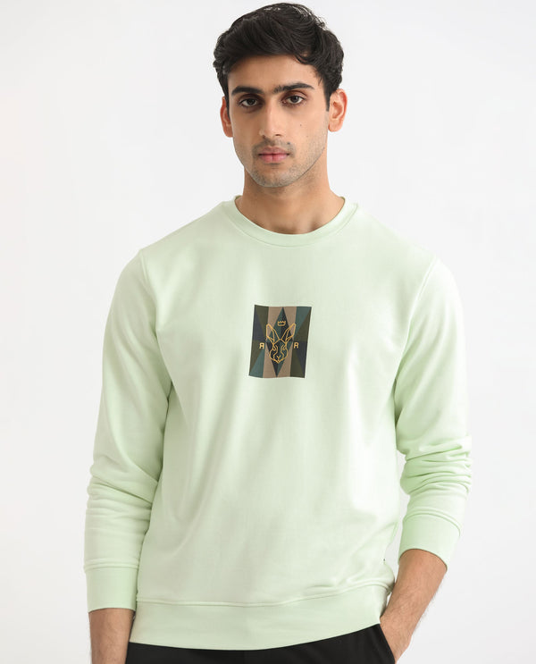 Rare Rabbit Men's Gatlin Green Cotton Polyester Fabric Full Sleeves Graphic Printed Logo Sweatshirt