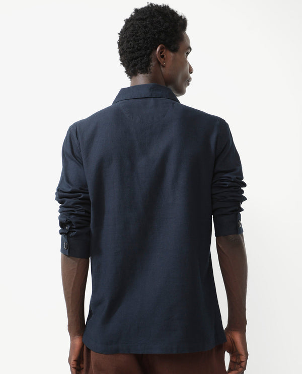 Rare Rabbit Mens Gatter Navy Cotton Linen Fabric Full Sleeve Collared Neck Solid Jacket