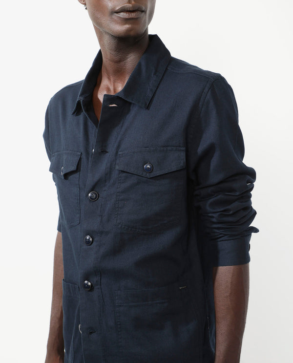 Rare Rabbit Mens Gatter Navy Cotton Linen Fabric Full Sleeve Collared Neck Solid Jacket