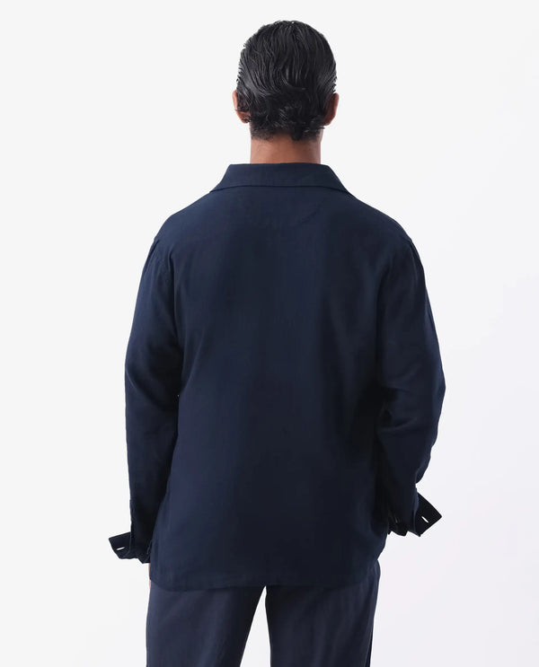 Rare Rabbit Mens Gatter Navy Cotton Linen Fabric Full Sleeve Collared Neck Solid Jacket