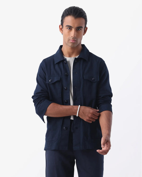 Rare Rabbit Mens Gatter Navy Cotton Linen Fabric Full Sleeve Collared Neck Solid Jacket