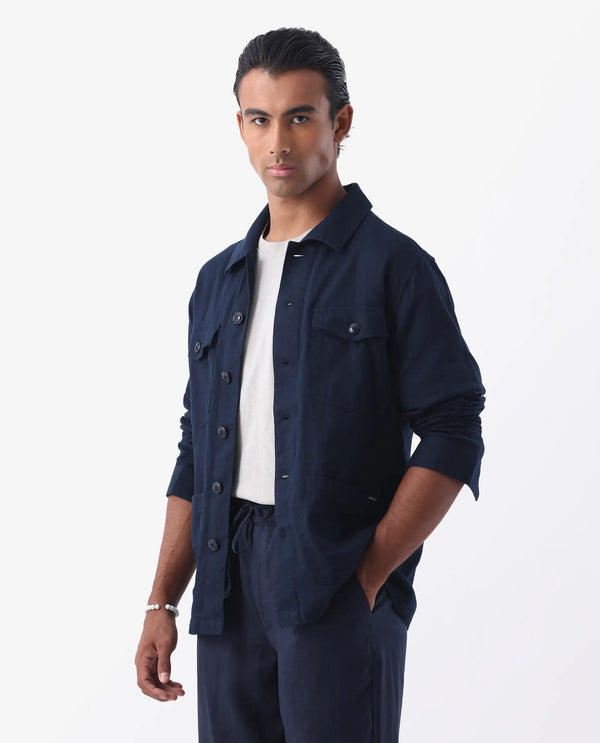 Rare Rabbit Mens Gatter Navy Cotton Linen Fabric Full Sleeve Collared Neck Solid Jacket
