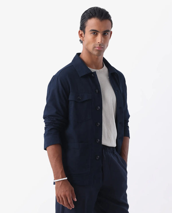 Rare Rabbit Mens Gatter Navy Cotton Linen Fabric Full Sleeve Collared Neck Solid Jacket