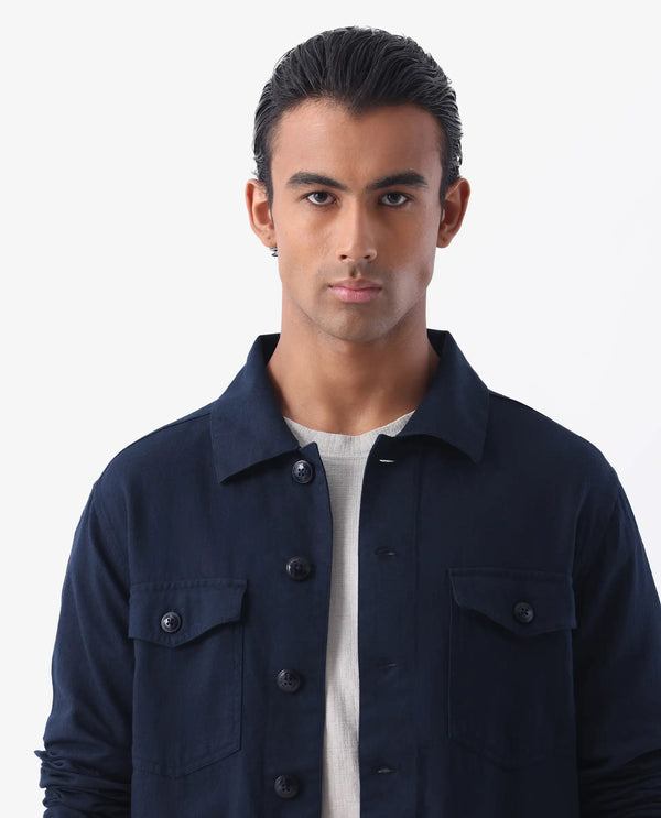 Rare Rabbit Mens Gatter Navy Cotton Linen Fabric Full Sleeve Collared Neck Solid Jacket