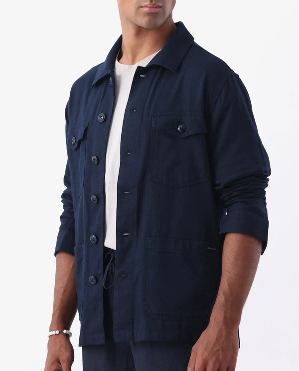 Rare Rabbit Mens Gatter Navy Cotton Linen Fabric Full Sleeve Collared Neck Solid Jacket