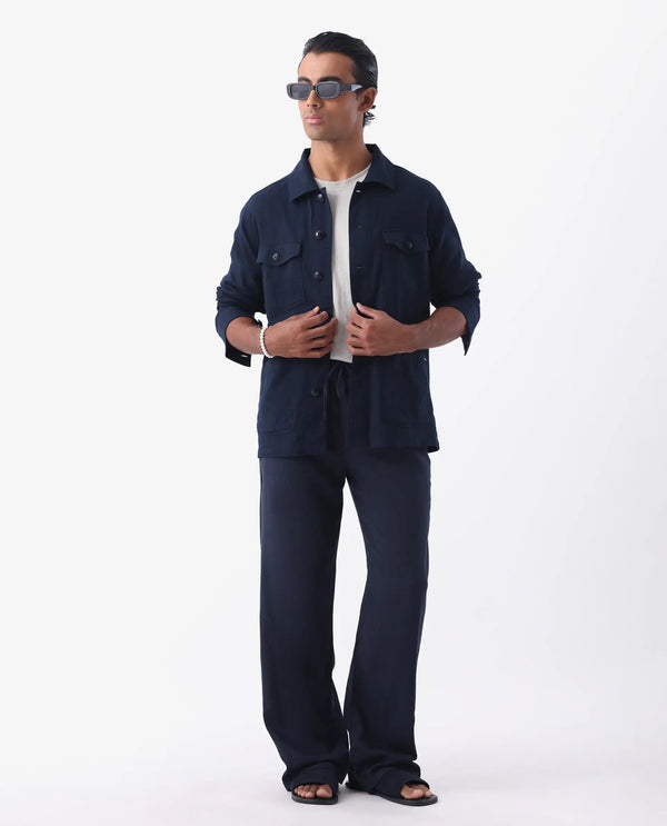 Rare Rabbit Mens Gatter Navy Cotton Linen Fabric Full Sleeve Collared Neck Solid Jacket