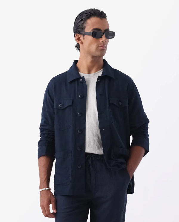 Rare Rabbit Mens Gatter Navy Cotton Linen Fabric Full Sleeve Collared Neck Solid Jacket