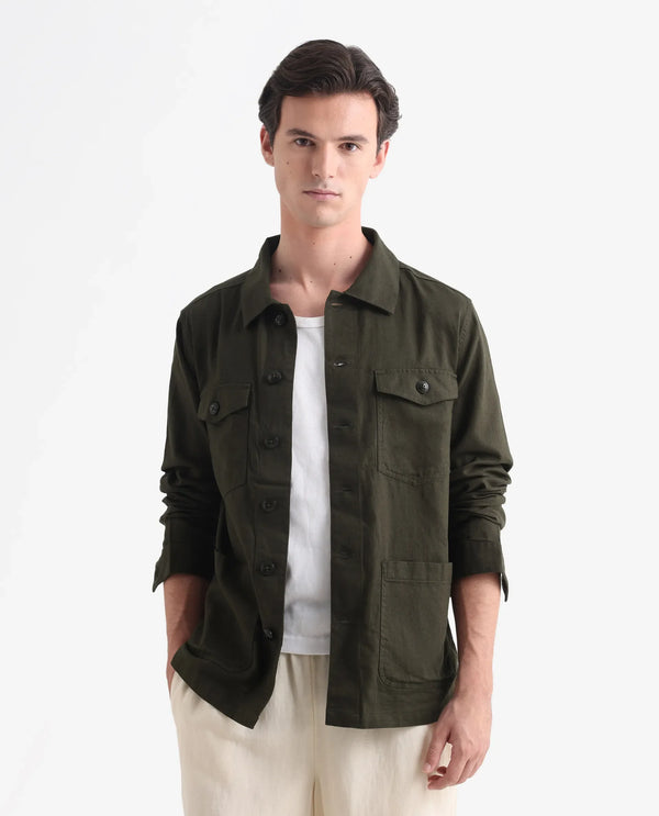Rare Rabbit Mens Gatter Olive Cotton Linen Fabric Full Sleeve Collared Neck Solid Jacket