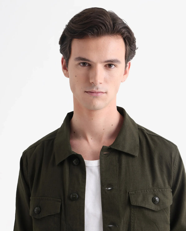 Rare Rabbit Mens Gatter Olive Cotton Linen Fabric Full Sleeve Collared Neck Solid Jacket