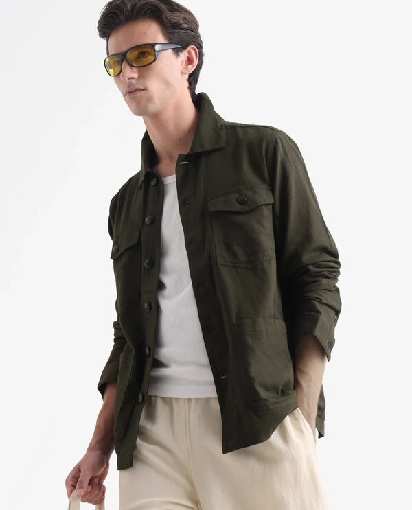 Rare Rabbit Mens Gatter Olive Cotton Linen Fabric Full Sleeve Collared Neck Solid Jacket
