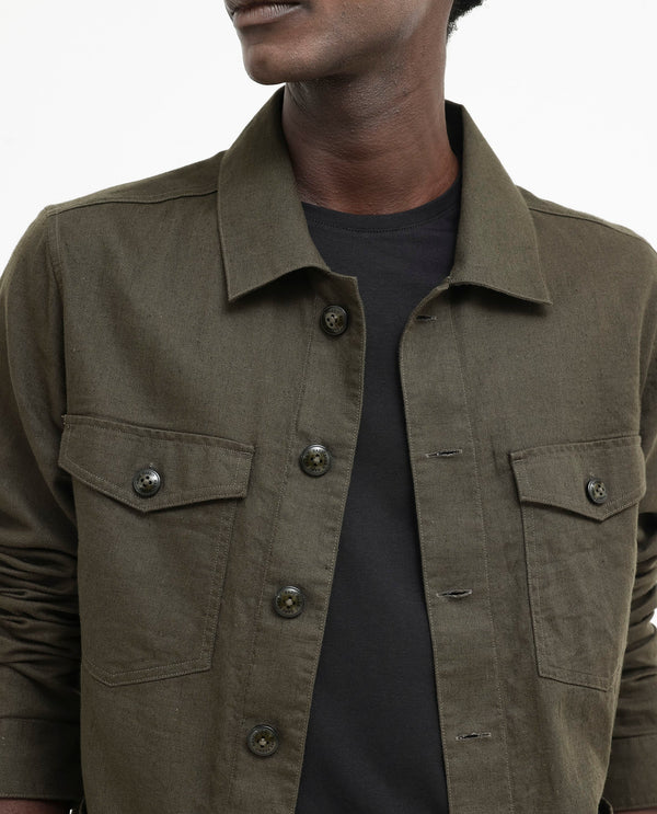 Rare Rabbit Mens Gatter Olive Cotton Linen Fabric Full Sleeve Collared Neck Solid Jacket