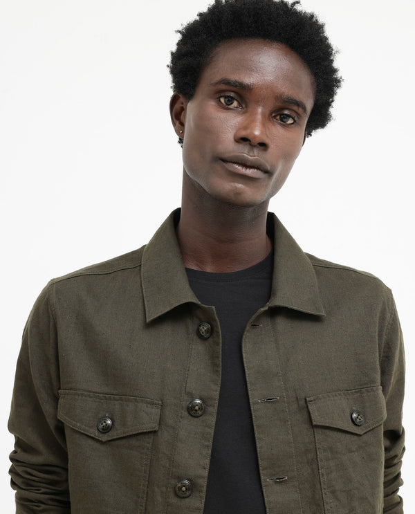 Rare Rabbit Mens Gatter Olive Cotton Linen Fabric Full Sleeve Collared Neck Solid Jacket
