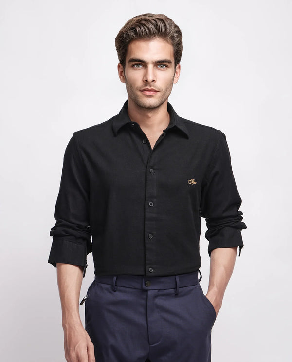Rare Rabbit Men's Gawa Black Cotton Fabric Full Sleeve Collared Neck Button Closure Stripe Shirt