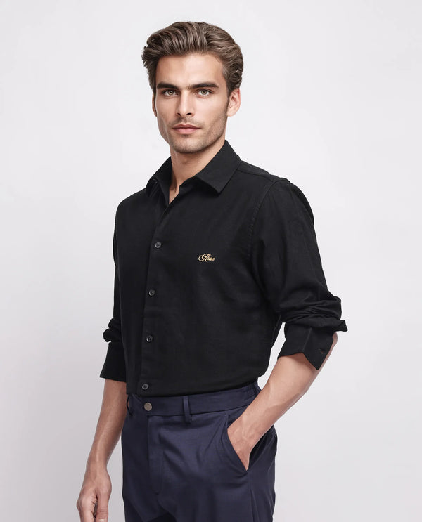 Rare Rabbit Men's Gawa Black Cotton Fabric Full Sleeve Collared Neck Button Closure Stripe Shirt