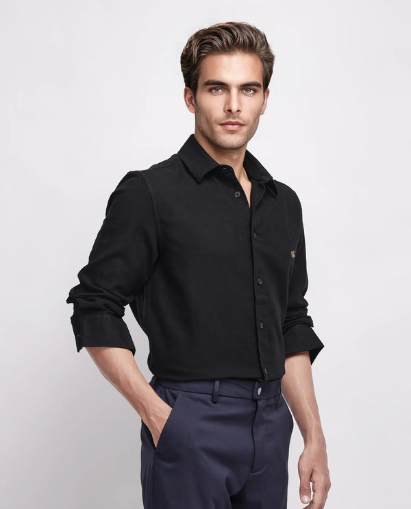 Rare Rabbit Men's Gawa Black Cotton Fabric Full Sleeve Collared Neck Button Closure Stripe Shirt