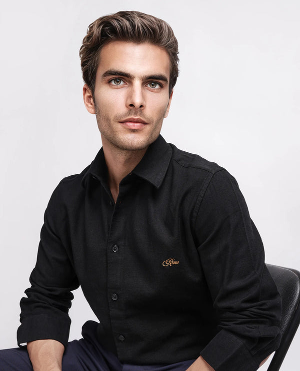 Rare Rabbit Men's Gawa Black Cotton Fabric Full Sleeve Collared Neck Button Closure Stripe Shirt