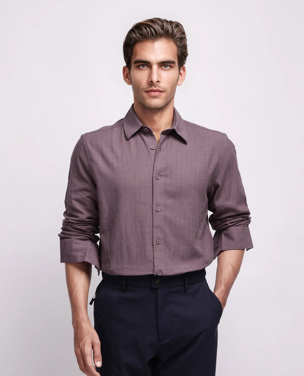 Rare Rabbit Men's Gawa Purple Cotton Fabric Full Sleeve Collared Neck Button Closure Stripe Shirt