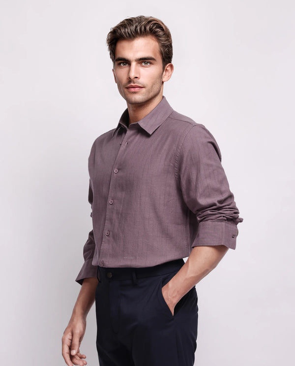 Rare Rabbit Men's Gawa Purple Cotton Fabric Full Sleeve Collared Neck Button Closure Stripe Shirt
