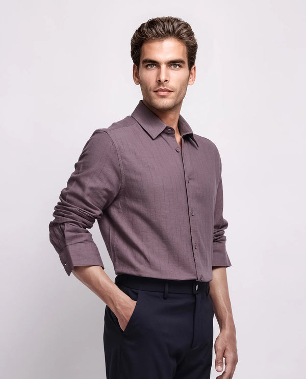 Rare Rabbit Men's Gawa Purple Cotton Fabric Full Sleeve Collared Neck Button Closure Stripe Shirt