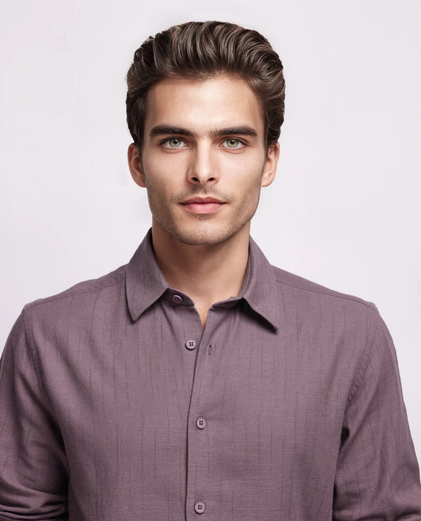 Rare Rabbit Men's Gawa Purple Cotton Fabric Full Sleeve Collared Neck Button Closure Stripe Shirt