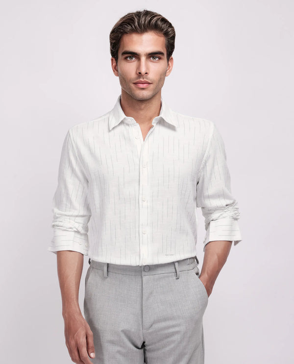 Rare Rabbit Men's Gawa White Cotton Fabric Full Sleeve Collared Neck Button Closure Stripe Shirt