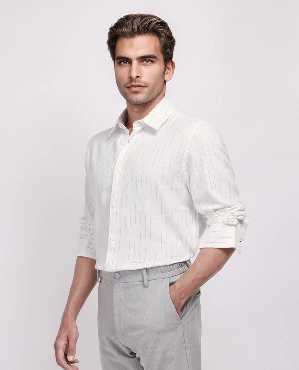 Rare Rabbit Men's Gawa White Cotton Fabric Full Sleeve Collared Neck Button Closure Stripe Shirt