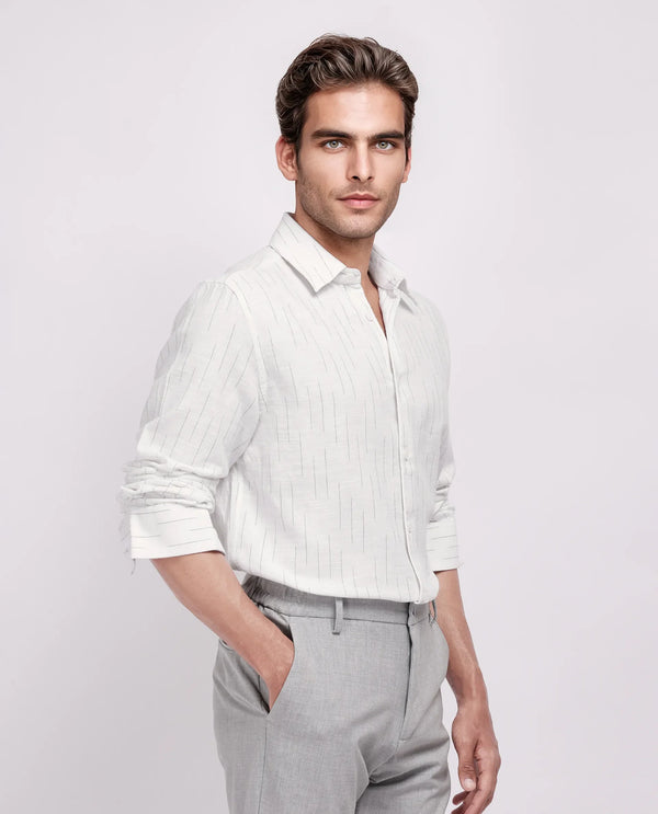 Rare Rabbit Men's Gawa White Cotton Fabric Full Sleeve Collared Neck Button Closure Stripe Shirt