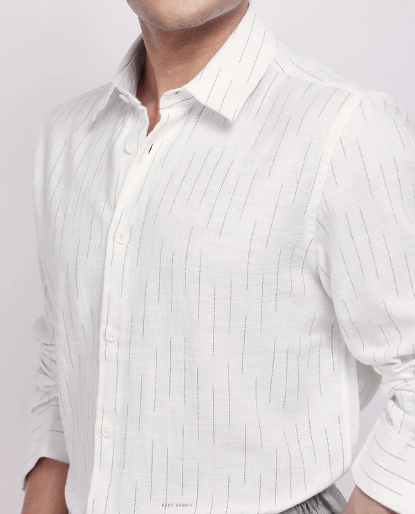 Rare Rabbit Men's Gawa White Cotton Fabric Full Sleeve Collared Neck Button Closure Stripe Shirt