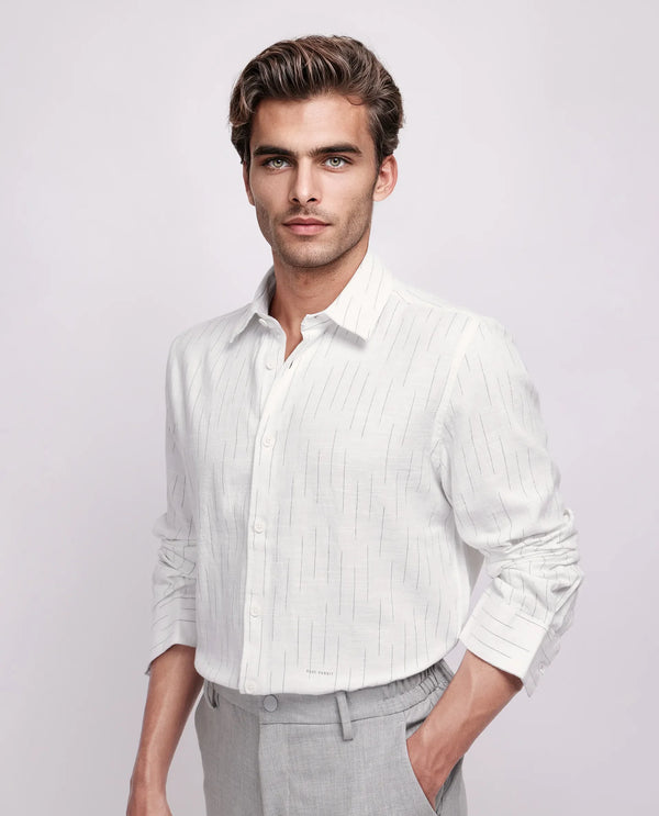 Rare Rabbit Men's Gawa White Cotton Fabric Full Sleeve Collared Neck Button Closure Stripe Shirt