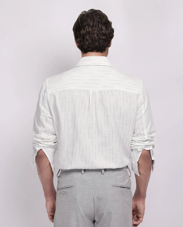 Rare Rabbit Men's Gawa White Cotton Fabric Full Sleeve Collared Neck Button Closure Stripe Shirt