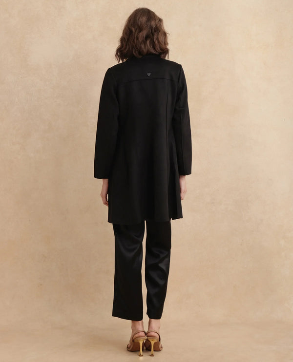 Rareism Women Gawler Black Suede Full Sleeve Lapel Neck Button Closure Midi Plain Jacket