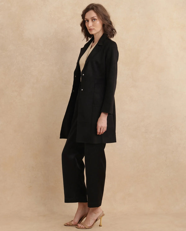Rareism Women Gawler Black Suede Full Sleeve Lapel Neck Button Closure Midi Plain Jacket