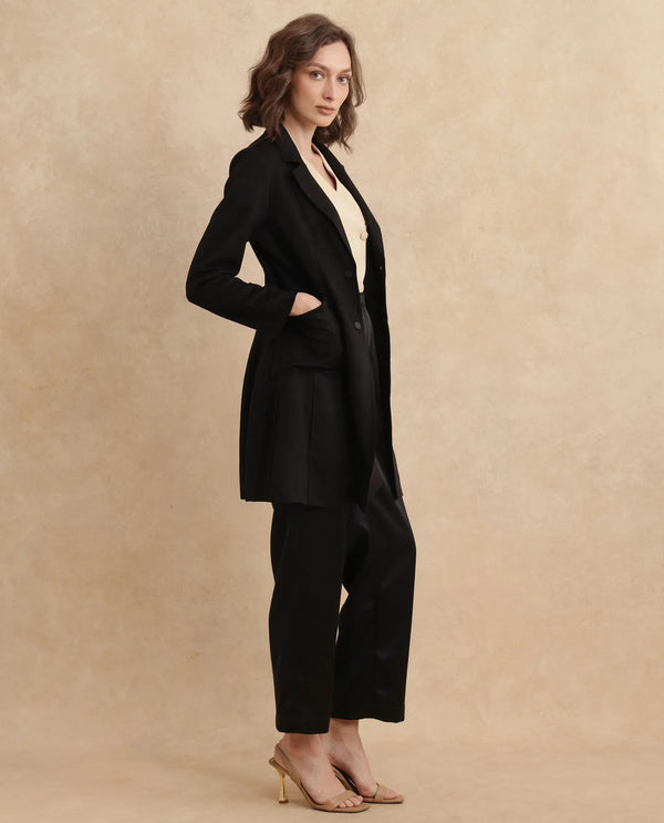 Rareism Women Gawler Black Suede Full Sleeve Lapel Neck Button Closure Midi Plain Jacket