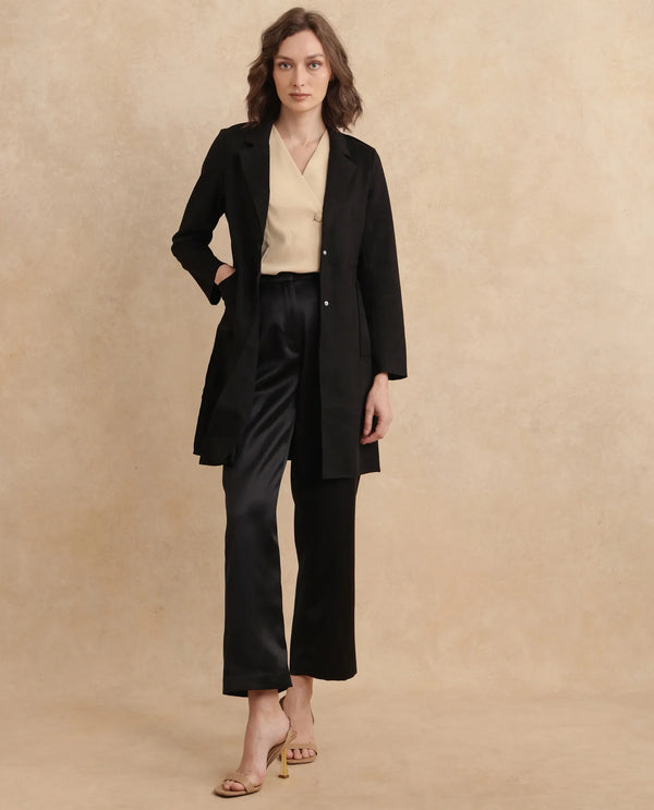Rareism Women Gawler Black Suede Full Sleeve Lapel Neck Button Closure Midi Plain Jacket