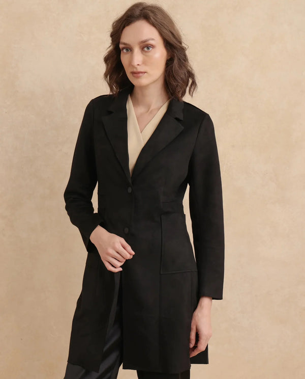 Rareism Women Gawler Black Suede Full Sleeve Lapel Neck Button Closure Midi Plain Jacket