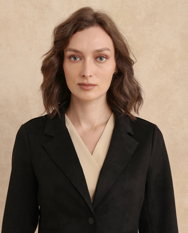 Rareism Women Gawler Black Suede Full Sleeve Lapel Neck Button Closure Midi Plain Jacket