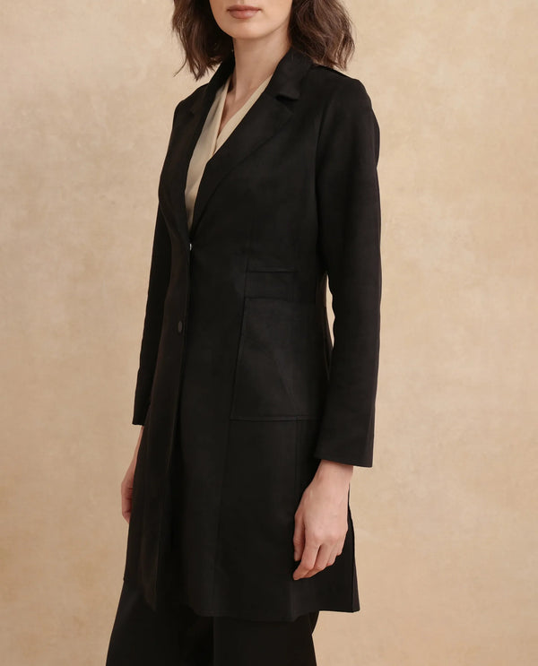 Rareism Women Gawler Black Suede Full Sleeve Lapel Neck Button Closure Midi Plain Jacket