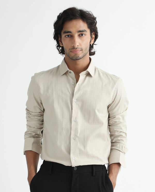 Rare Rabbit Men's Gazan Beige Cotton Fabric Full Sleeves  Dobby Self Striped Shirt