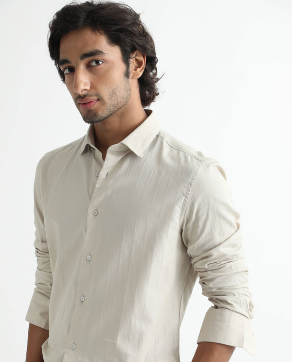 Rare Rabbit Men's Gazan Beige Cotton Fabric Full Sleeves  Dobby Self Striped Shirt