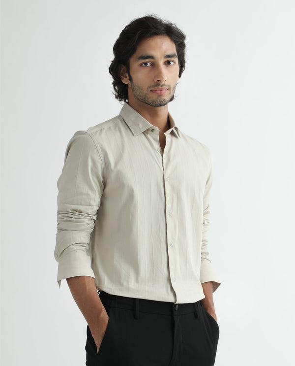 Rare Rabbit Men's Gazan Beige Cotton Fabric Full Sleeves  Dobby Self Striped Shirt