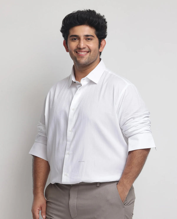 Rare Rabbit Mens Gazan White Cotton Fabric Full Sleeves Dobby Self Stripe Shirt Plus Size