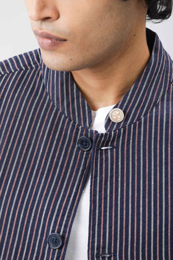 Rare Rabbit Men's Gazel Navy Viscose Polyester Fabric Mandarin Collar Slim Fit Stripe Blazer